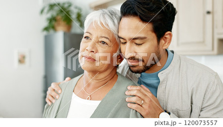 Home, hug and man with senior mom for bonding, loving relationship and care for visit in retirement. Family, comfort and person with mature mother embrace for affection, love and support in house 120073557