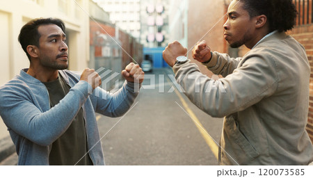 Angry men, city and fight for conflict, violence and disagreement or bullying in alley. Battle, fist and people with problem, argument and aggression with self defense outdoor brawl in street Angry men, city and fight for conflict, violence and disagreement or bullying in alley. Battle, fist and people with problem, argument and aggression with self defense outdoor brawl in street 120073585
