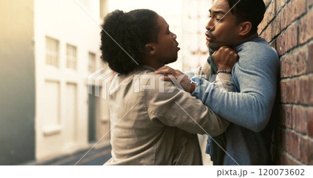 Conflict, fighting or threat with men in city for aggressive disagreement, physical harm and violence. Anger, bullying and fear with enemy people outdoor in urban town for frustration or harassment 120073602
