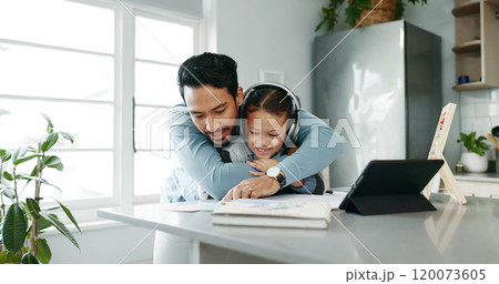 Tablet, books and dad with child in home for online learning, school project and lesson. Family, digital tech and father help girl with homework for research, teaching and reading for development Tablet, books and dad with child in home for online learning, school project and lesson. Family, digital tech and father help girl with homework for research, teaching and reading for development 120073605