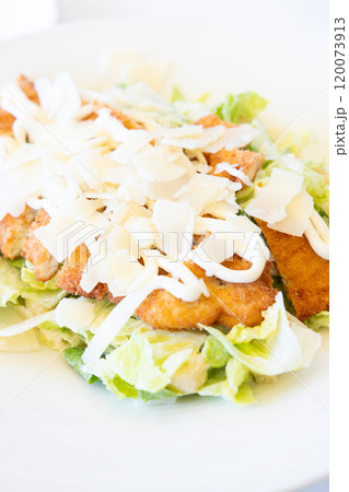 美味しいチキンカツとチーズをのせたシーザーサラダ 120073913