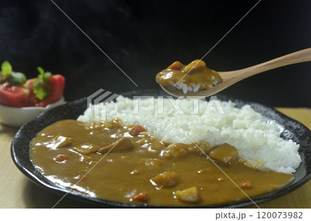 湯気の立つカレーライスをスプーンですくう 120073982