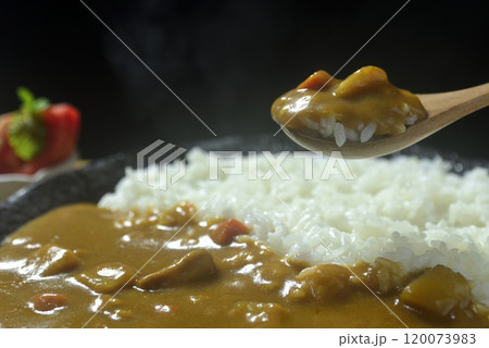湯気の立つカレーライスをスプーンですくう 120073983