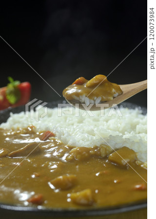 湯気の立つカレーライスをスプーンですくう 120073984