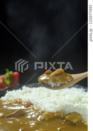湯気の立つカレーライスをスプーンですくう 120073985