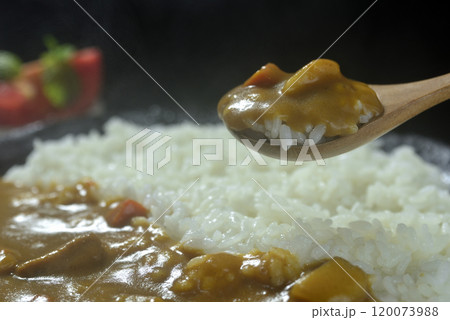 湯気の立つカレーライスをスプーンですくう 120073988