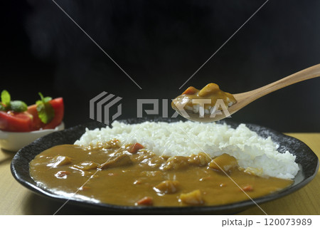 湯気の立つカレーライスをスプーンですくう 120073989