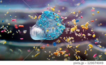 macro photo of microplastic floating in the ocean 120074049