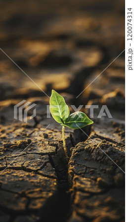 Green Sprout in Dried Cracked Soil. Global Warming Concept. 120074314
