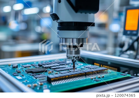 Automated machine arm calibrating and assembling circuit board components. 120074365