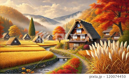 秋色に染まる日本の田園風景のイラスト素材 [120074450] - PIXTA