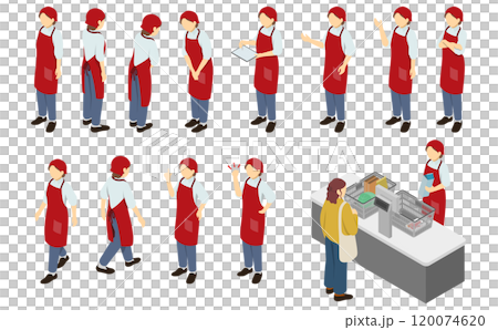 アイソメトリックイラスト:スーパーの店員(赤エプロン) アイソメトリックイラスト:スーパーの店員(赤エプロン) 120074620