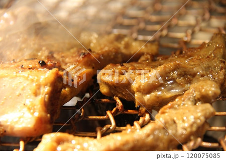 grilled pork on charcoal grill 120075085