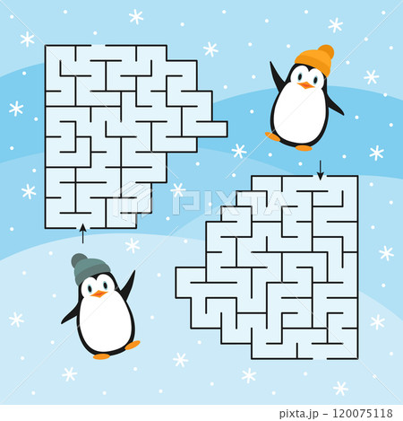 A colorful maze with cute penguins and snowflakes on blue 120075118