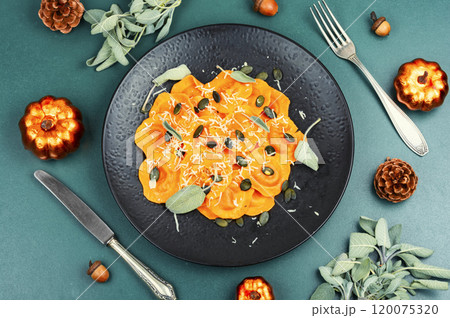 Spicy butternut pumpkin filled ravioli. 120075320