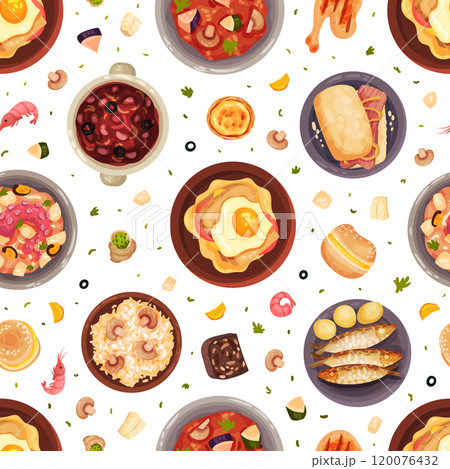 Portuguese Dishes and Main Courses Seamless Pattern Design Vector Template 120076432