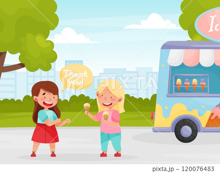 Polite Girl Character Share Ice Cream with Friend Having Good Manners Vector Illustration 120076483