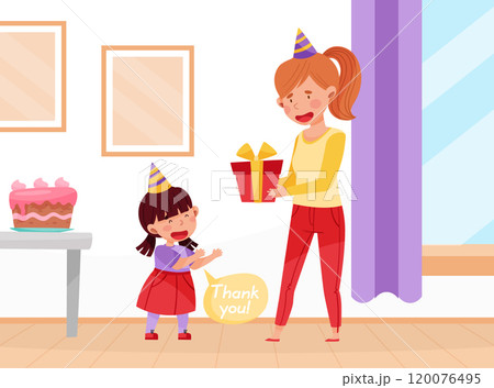 Polite Girl Character Say Thank You for Present Having Good Manners Vector Illustration 120076495