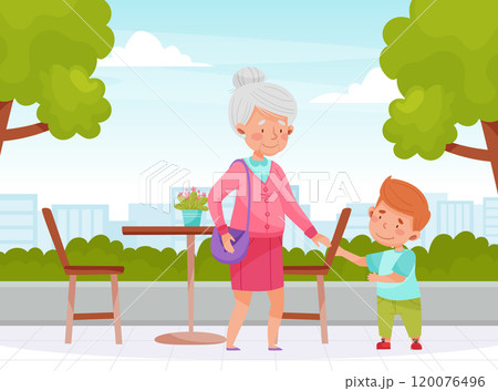 Polite Boy Character Give Seat to Senior Woman Having Good Manners Vector Illustration 120076496