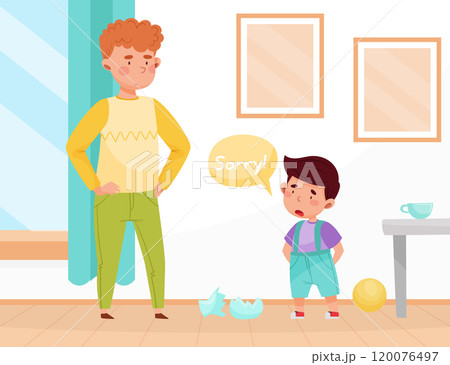 Polite Boy Character Say Sorry for Broken Vase Having Good Manners Vector Illustration 120076497