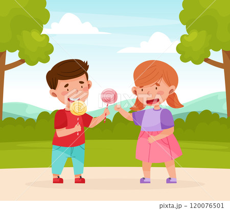 Polite Boy Character Share Candy with Girl Friend Having Good Manners Vector Illustration 120076501