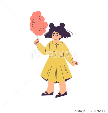 Cute Little Girl Character Standing with Candy Floss and Smiling Vector Illustration Cute Little Girl Character Standing with Candy Floss and Smiling Vector Illustration 120076514