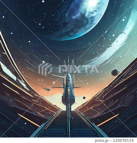 夜空に輝く月と夜空の風景画 120076519