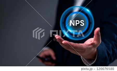 Business professional presenting NPS (Net Promoter Score) metric in a digital format. Ideal for customer experience, marketing analytics, and business performance evaluation content. 120076580