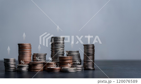 Stacks of coins with percentage signs and upward arrows. dividend Finance, banking and investment of growth and economic progress. Perfect for articles 120076589