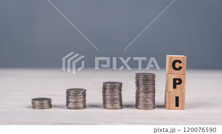 Stacks of coins and CPI blocks increasing in height. Concept of economic growth, inflation, and financial analysis. Suitable for economic reports, finance blogs, and investment Stacks of coins and CPI blocks increasing in height. Concept of economic growth, inflation, and financial analysis. Suitable for economic reports, finance blogs, and investment 120076590