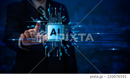 Businessman touching AI chip hologram. Futuristic tech concept, innovation, and advanced data processing. Ideal for technology, AI development, and business strategy visuals. Businessman touching AI chip hologram. Futuristic tech concept, innovation, and advanced data processing. Ideal for technology, AI development, and business strategy visuals. 120076591