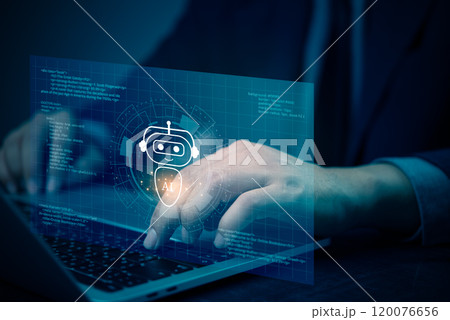 business interacts with an AI interface on a laptop, symbolizing artificial intelligence integration in digital technology and coding program. Technology, AI development, business innovation. business interacts with an AI interface on a laptop, symbolizing artificial intelligence integration in digital technology and coding program. Technology, AI development, business innovation. 120076656