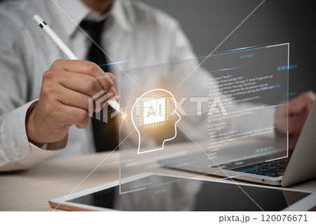 business professional using a digital pen to interact with an AI brain interface on a laptop, artificial intelligence creativity and coding program. Technology, AI innovation, digital interaction. 120076671