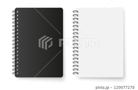 Blank black and white notebook mockup. Realistic vector spiral diary template Blank black and white notebook mockup. Realistic vector spiral diary template 120077278
