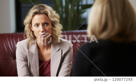 Visit to a psychologist. Woman sits on a couch and talks to a psychotherapist. 120077293