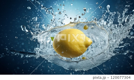 Splash of sliced lemon with water drops over dark background 120077304