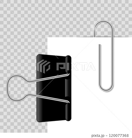 Realistic black binder paperclips. Paper clip. Black realistic binder, paper holder. Vector isolated graphic drawing steel stationery 120077368