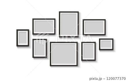 Black photo frames. Empty square and rectangular picture. Poster or painting mockup on white background 120077370