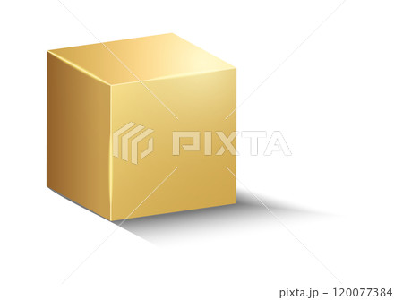3d gold metallic cube. Realistic vector geometric shape. Golden glossy box with shadow 120077384