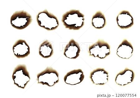 Burnt paper holes. Scraps edges scorched. Realistic vector illustration. 120077554