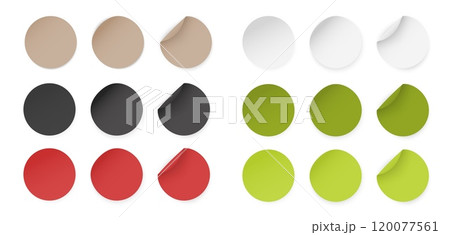 Round Paper Stickers with Peeling Corner, Red Green Black and White Adhesive Labels, Circular Badge Set, Isolated vector Mockup Round Paper Stickers with Peeling Corner, Red Green Black and White Adhesive Labels, Circular Badge Set, Isolated vector Mockup 120077561
