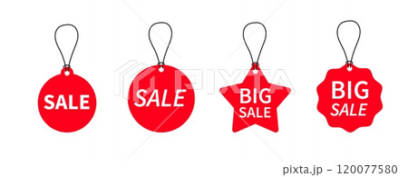 Red sale labels. Realistic price tags mockups. Vector hanging tag set 120077580