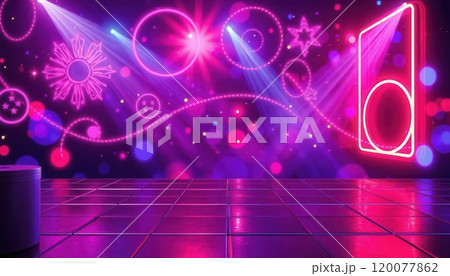 Vibrant retro-inspired disco dance floor with neon lights, colorful patterns, and disco balls Vibrant retro-inspired disco dance floor with neon lights, colorful patterns, and disco balls 120077862