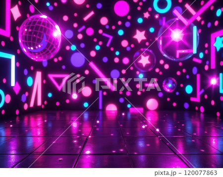 Vibrant retro-inspired disco dance floor with neon lights, colorful patterns, and disco balls Vibrant retro-inspired disco dance floor with neon lights, colorful patterns, and disco balls 120077863