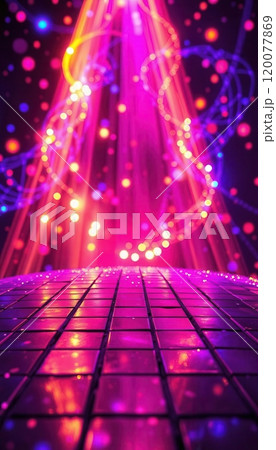 Vibrant retro-inspired disco dance floor with neon lights, colorful patterns, and disco balls Vibrant retro-inspired disco dance floor with neon lights, colorful patterns, and disco balls 120077869