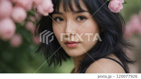 Portrait series of young woman with soft pastel background, showcasing natural beauty and elegance 120077926