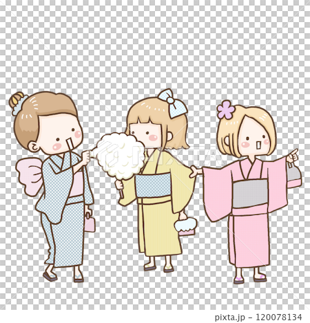 三個穿著浴衣的女孩一邊吃棉花糖一邊散步 120078134