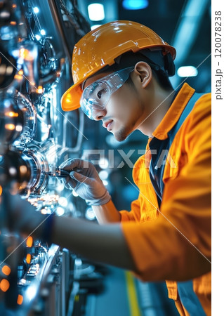 Young Asian engineer wearing orange safety gear, working with precision on intricate machinery 120078238