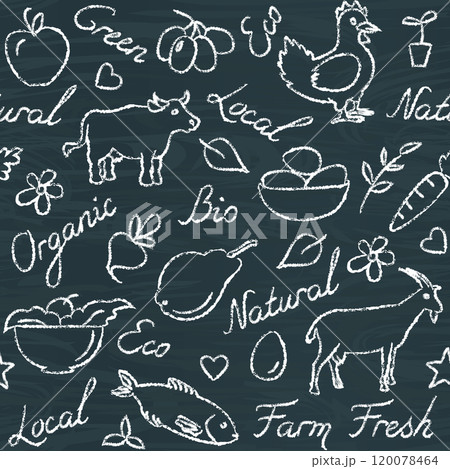 Seamless pattern with eco food symbols on chalkboard 120078464