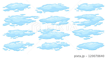 Water spill puddles set. Blue liquid various shape in flat cartoon style. Clean fluid drop design elements isolated on white background 120078640